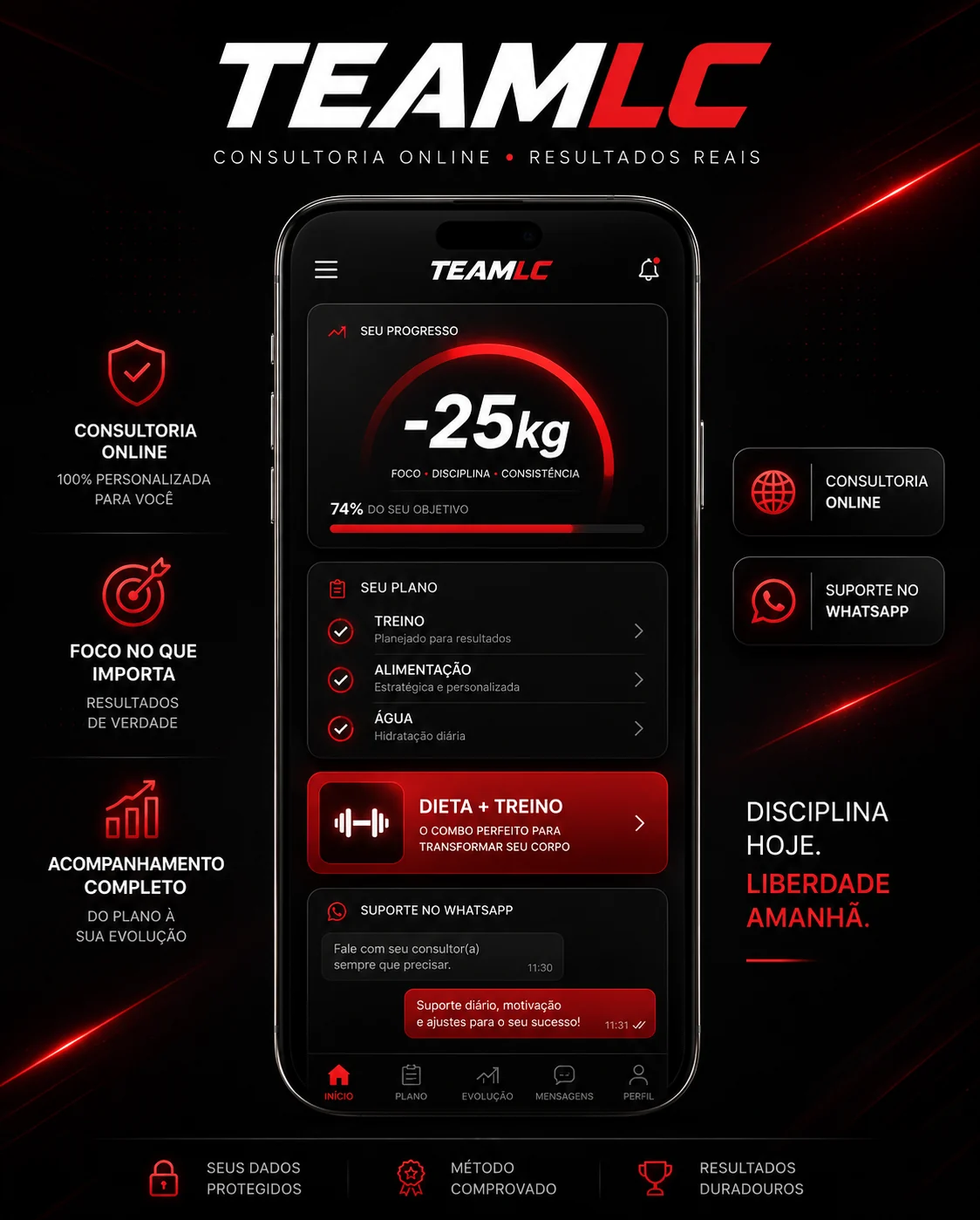Dashboard premium da consultoria TEAMLC com progresso, plano e suporte